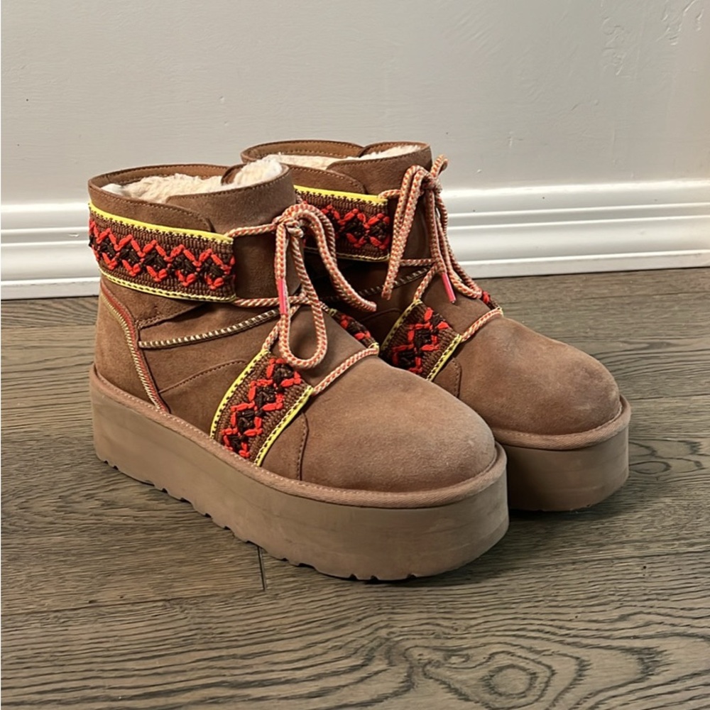 UGG Tan Suede Platform Boots with Red and Yellow Details